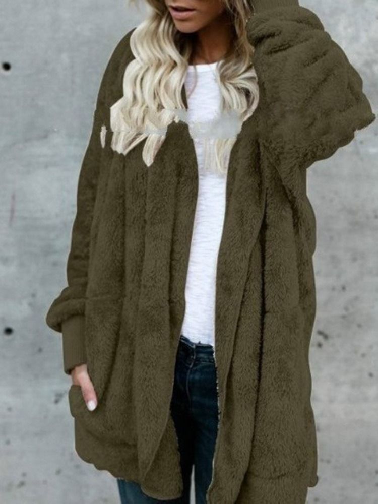 Hooded Plain Mid-length Winter Slim Faux Fur Overcoat