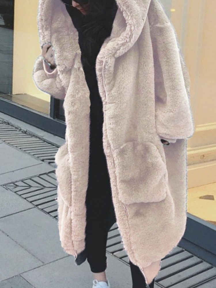 Hooded Regular Plain Loose Thick Faux Fur Overcoat