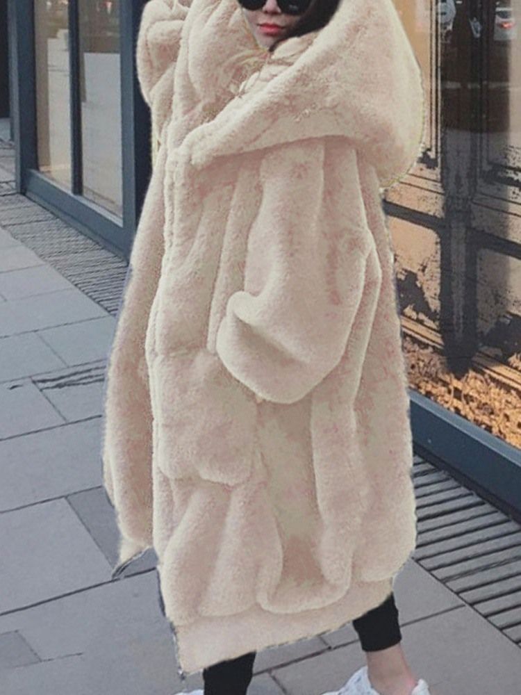 Hooded Regular Plain Loose Thick Faux Fur Overcoat