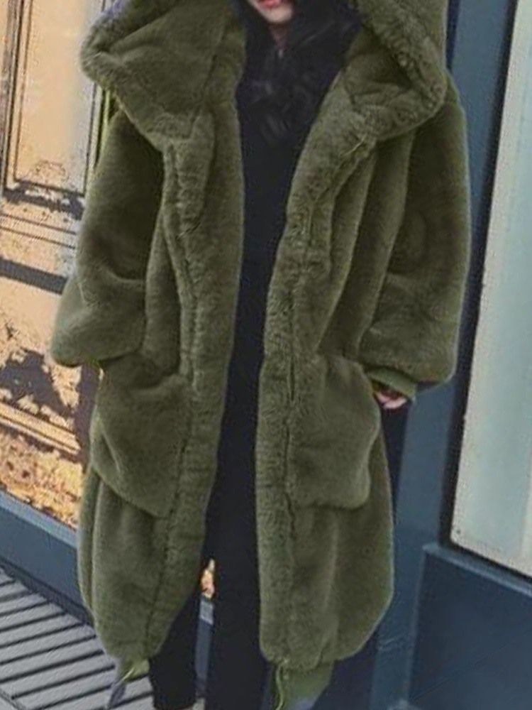 Hooded Regular Plain Loose Thick Faux Fur Overcoat