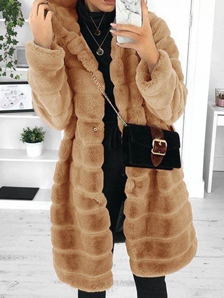 Kvinnor Hooded Plain Mid-length Loose Faux Fur Slim Overcoat