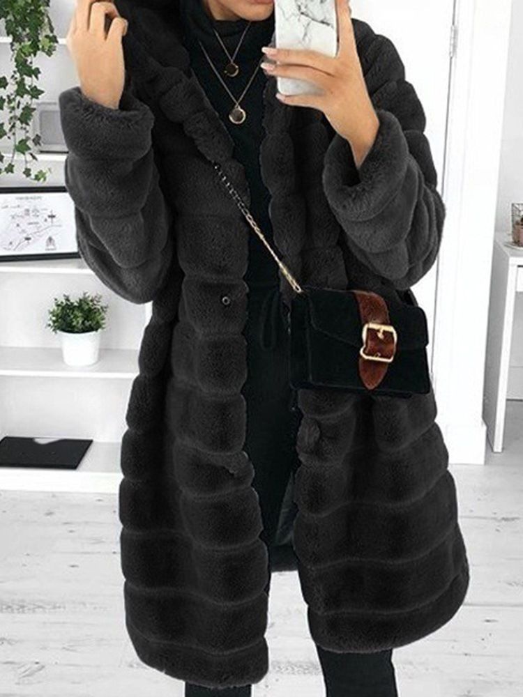 Kvinnor Hooded Plain Mid-length Loose Faux Fur Slim Overcoat