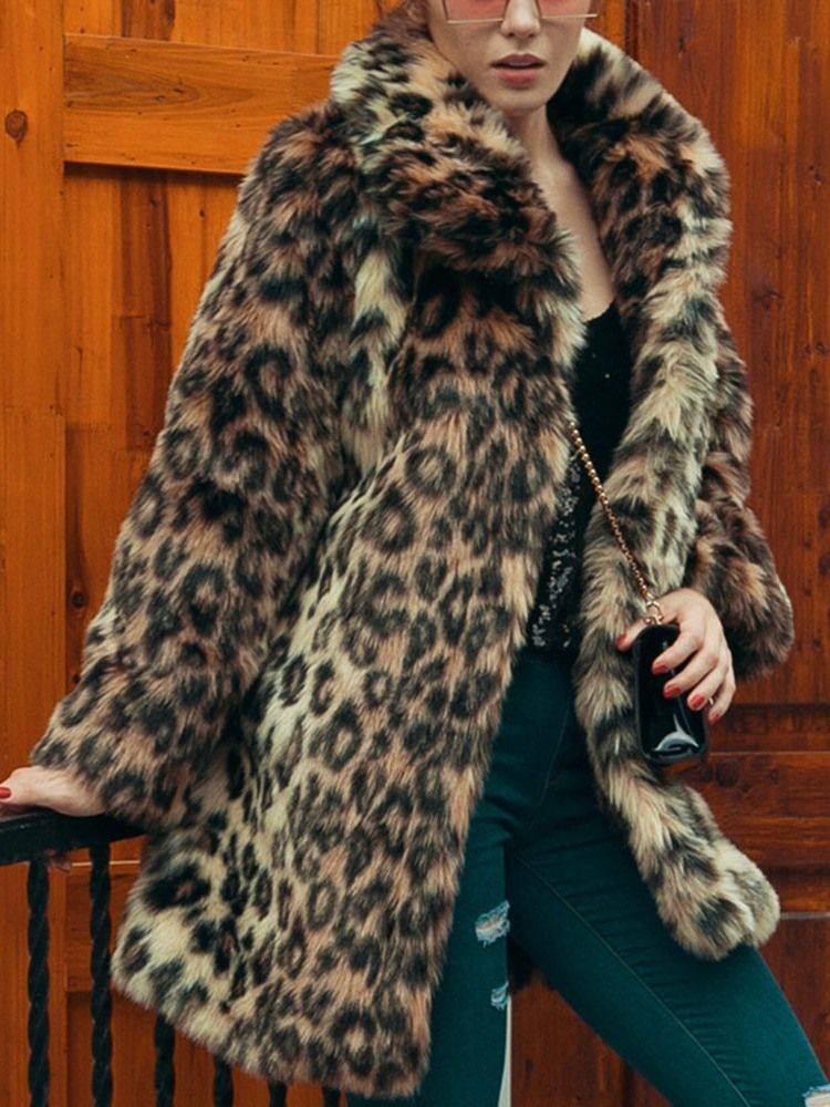 Lapel Mid-length Leopard Winter Loose Dam Faux Fur Overcoat