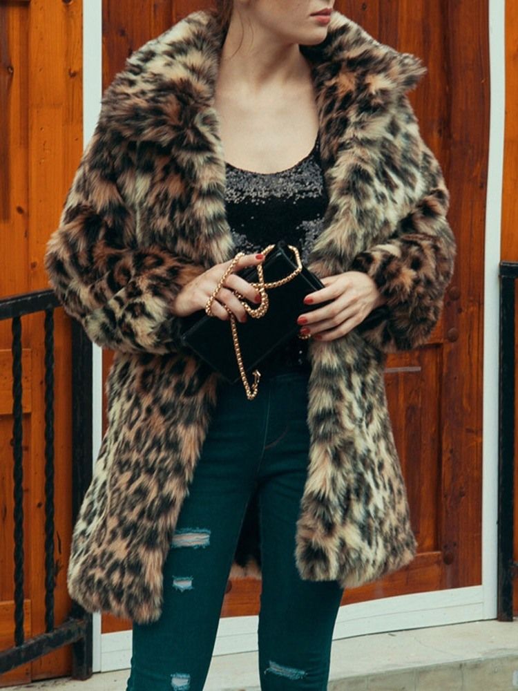 Lapel Mid-length Leopard Winter Loose Dam Faux Fur Overcoat