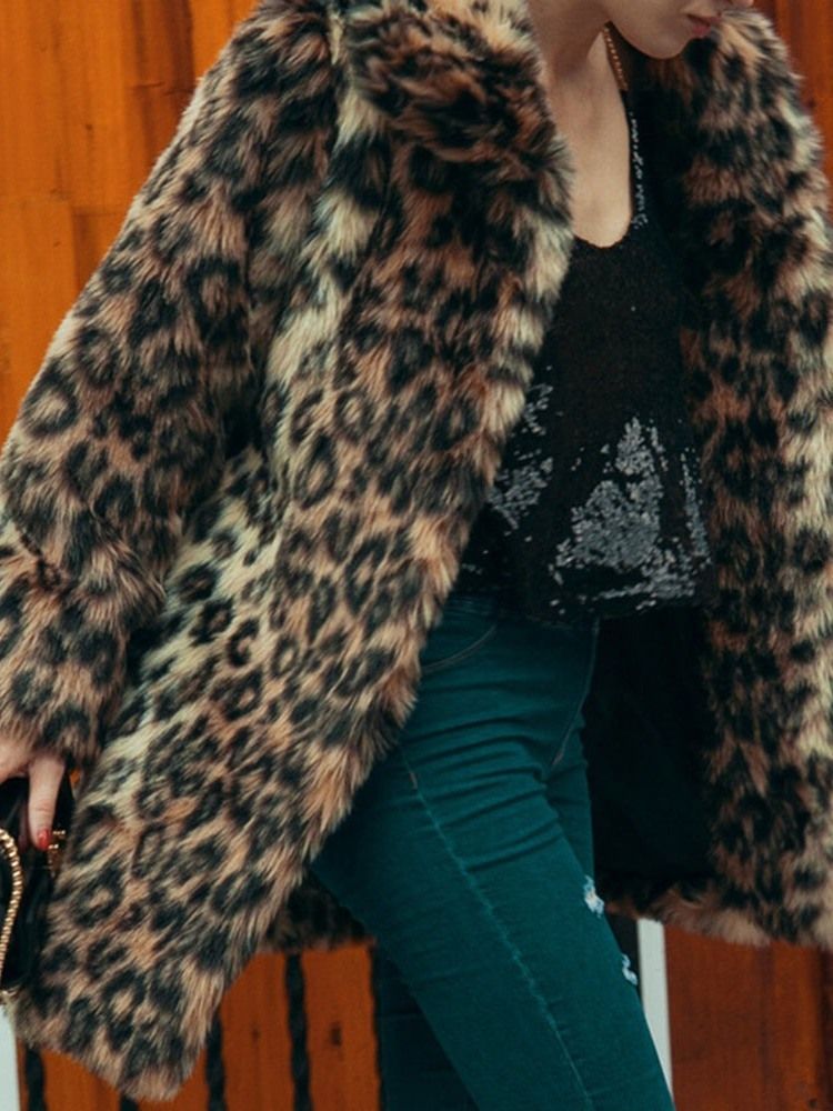 Lapel Mid-length Leopard Winter Loose Dam Faux Fur Overcoat