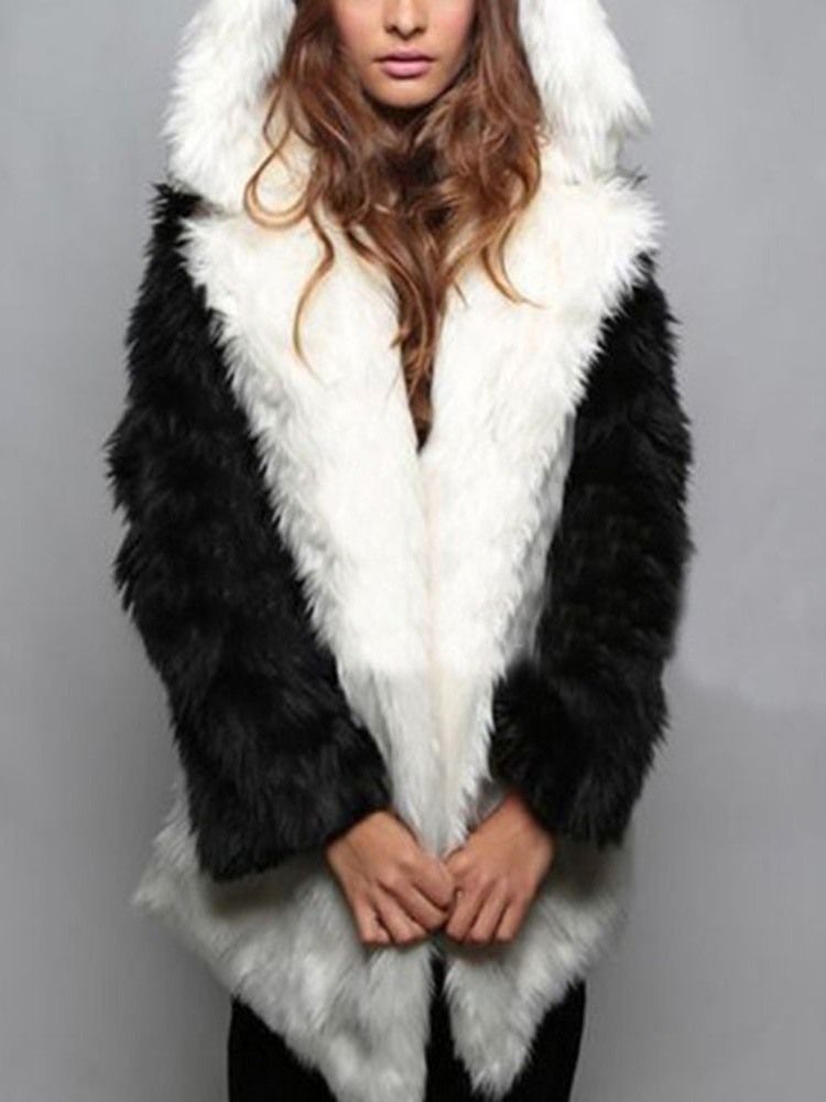 Mellanlång Hooded Regular Loose Dam Faux Fur Overcoat