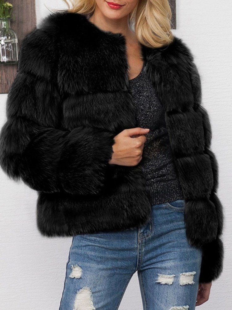 Tjock Plain Standard Faux Fur Långärmad Kappa För Kvinnor