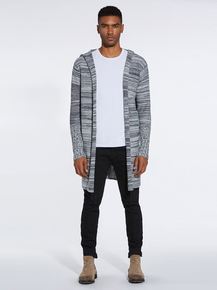 Color Block Hooded Mid-length Casual Cardigan-tröjor För Män