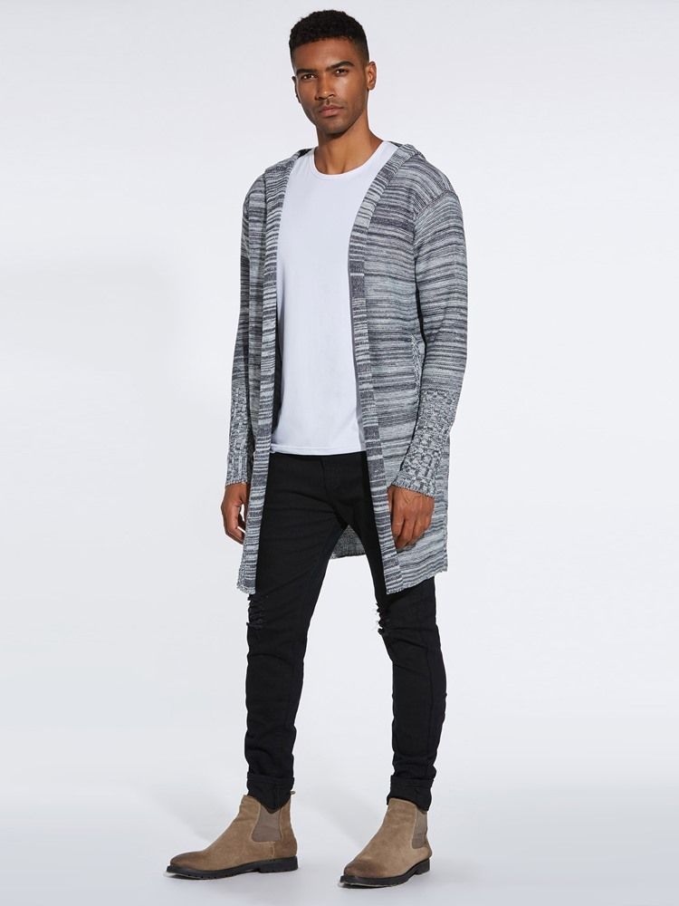 Color Block Hooded Mid-length Casual Cardigan-tröjor För Män