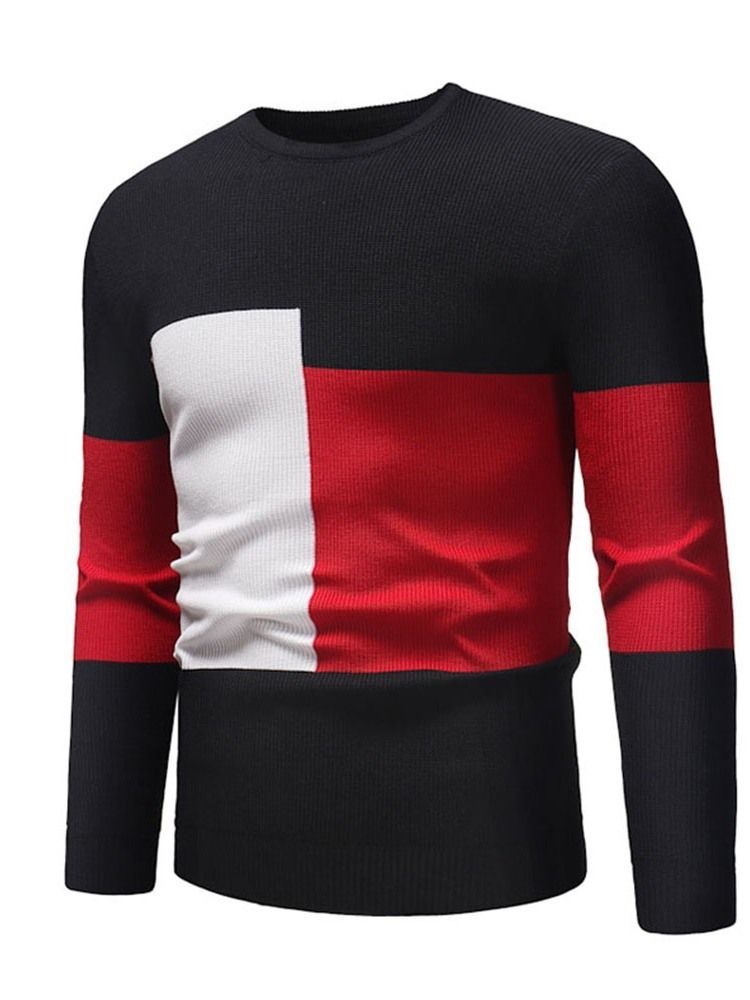 Color Block Patchwork Round Neck Casual Men's Slim Sweater