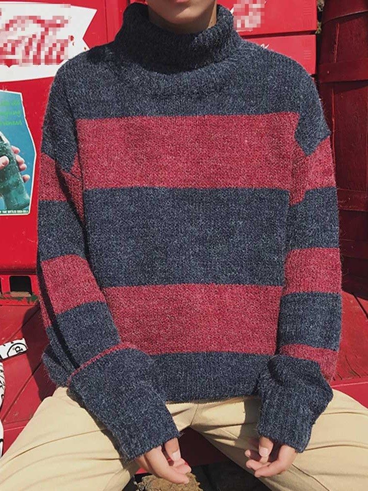 Mid-length Color Block Turtleneck Lös Koreansk Herrtröja