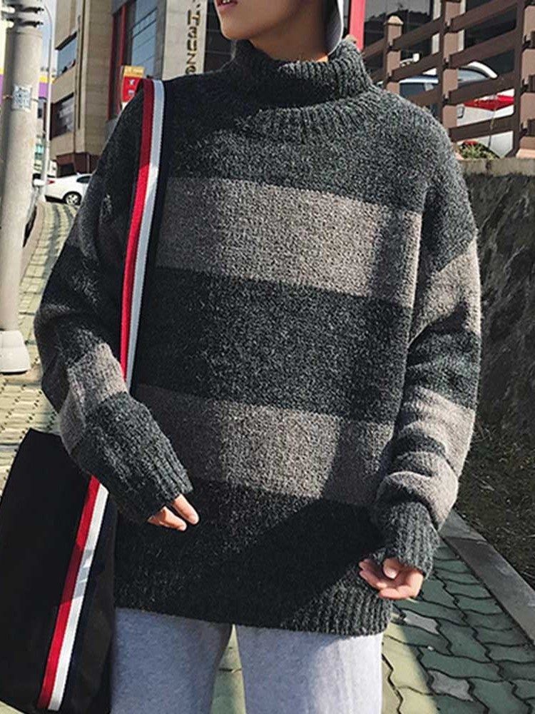 Mid-length Color Block Turtleneck Lös Koreansk Herrtröja