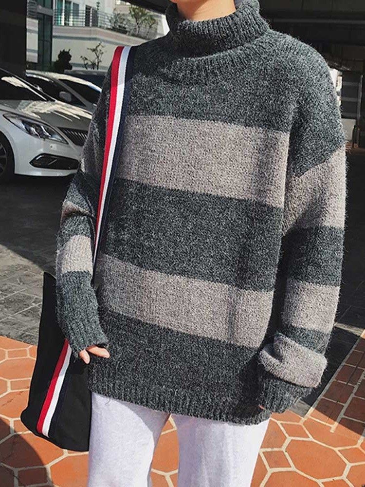 Mid-length Color Block Turtleneck Lös Koreansk Herrtröja