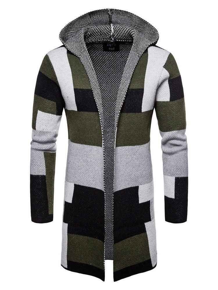 Patchwork Mid-length Hooded Mens Winter Cardigan Tröjor