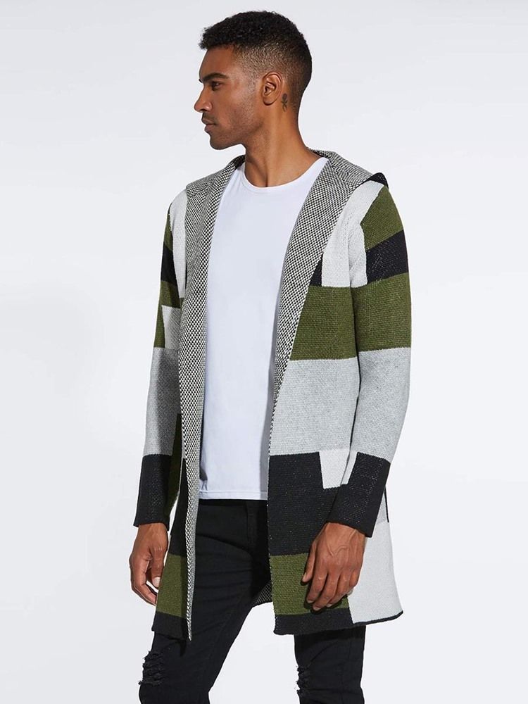 Patchwork Mid-length Hooded Mens Winter Cardigan Tröjor