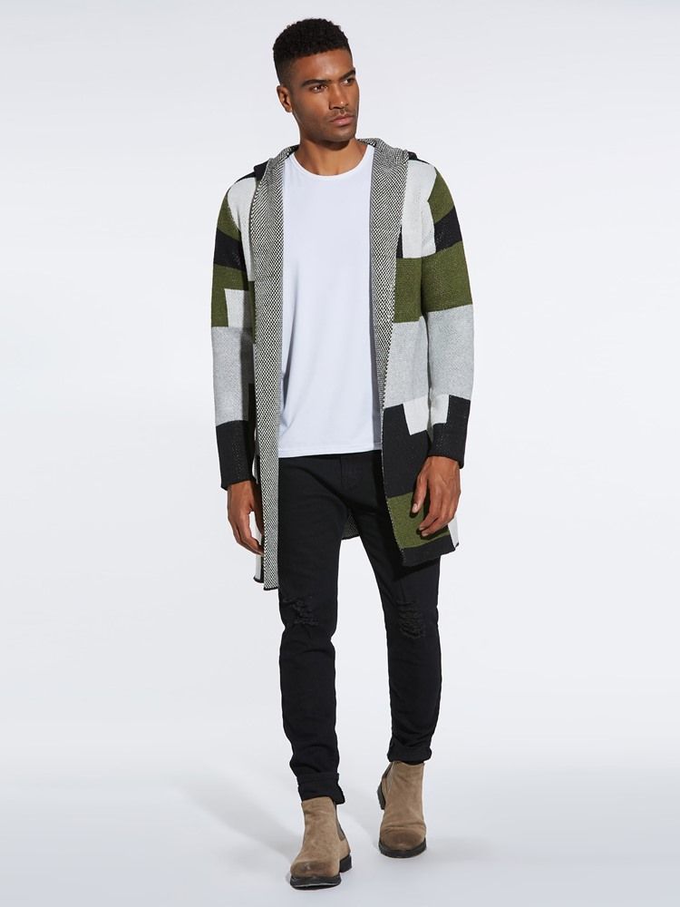 Patchwork Mid-length Hooded Mens Winter Cardigan Tröjor