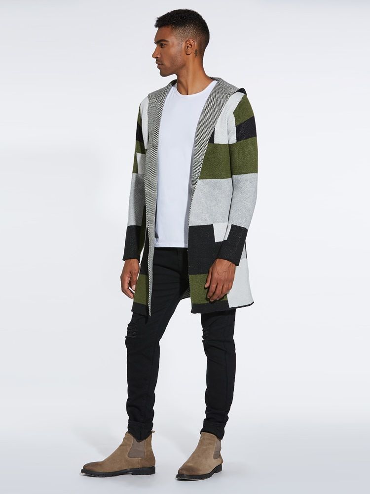 Patchwork Mid-length Hooded Mens Winter Cardigan Tröjor