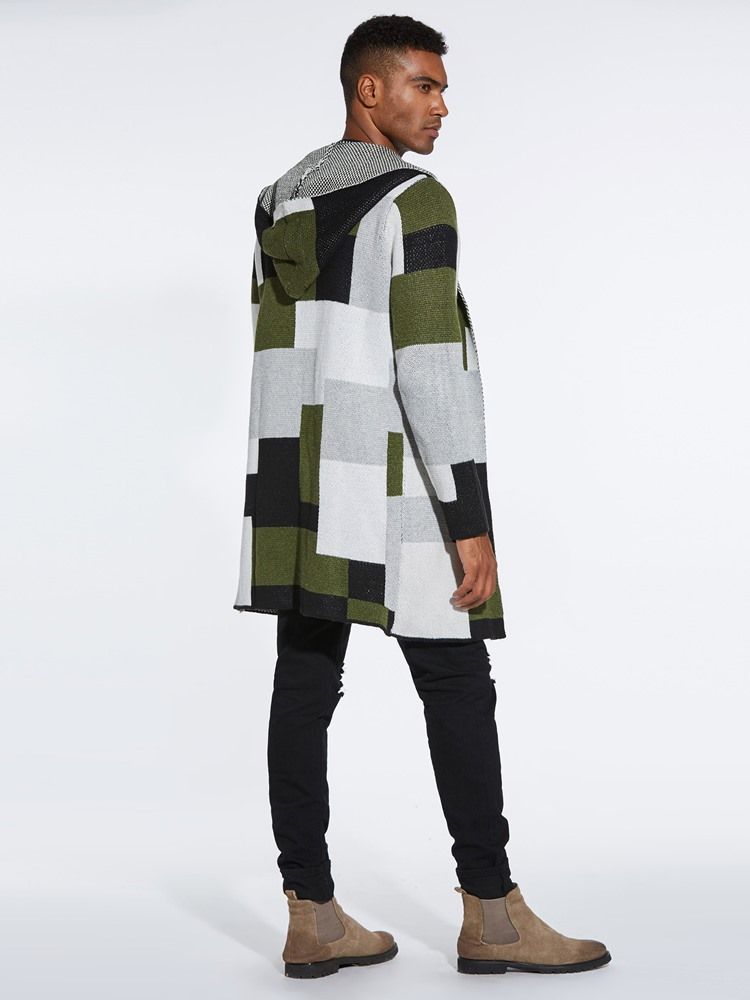 Patchwork Mid-length Hooded Mens Winter Cardigan Tröjor