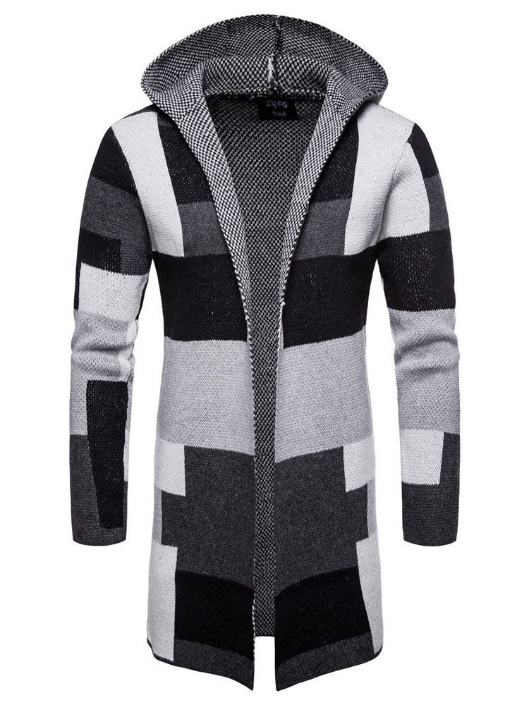 Patchwork Mid-length Hooded Mens Winter Cardigan Tröjor