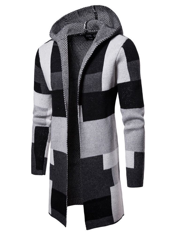 Patchwork Mid-length Hooded Mens Winter Cardigan Tröjor