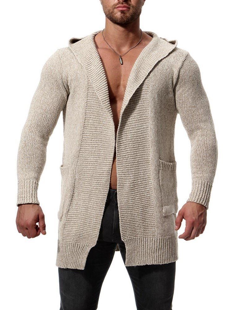 Plain Hooded Mid-length Mens Chunky Knit Cardigan