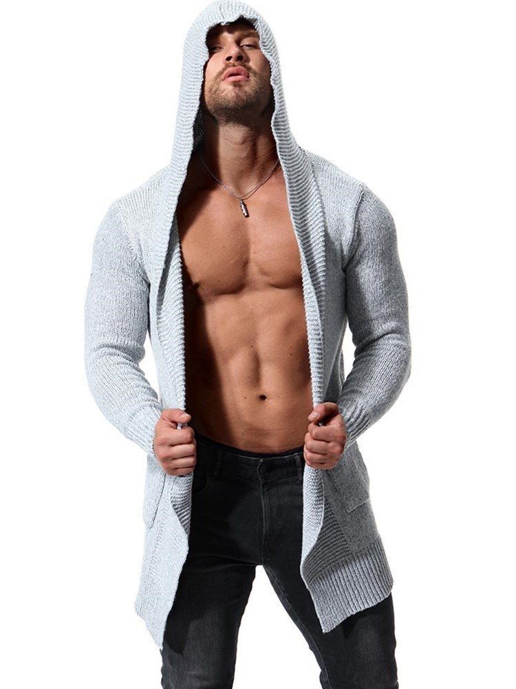 Plain Hooded Mid-length Mens Chunky Knit Cardigan