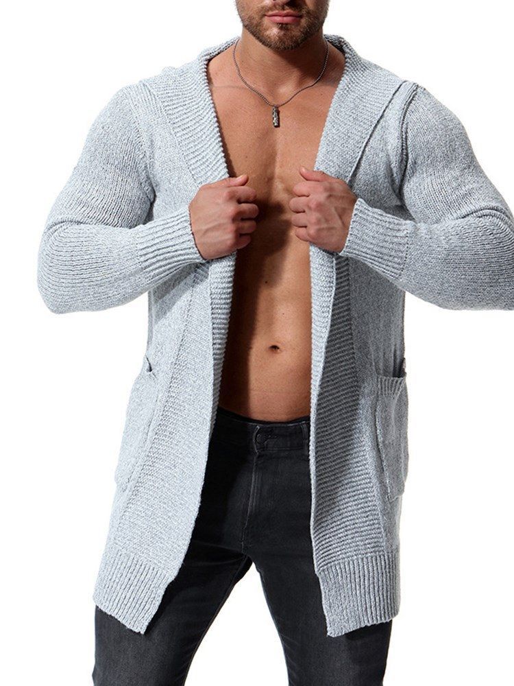 Plain Hooded Mid-length Mens Chunky Knit Cardigan