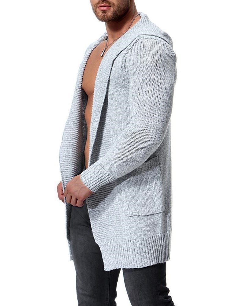 Plain Hooded Mid-length Mens Chunky Knit Cardigan