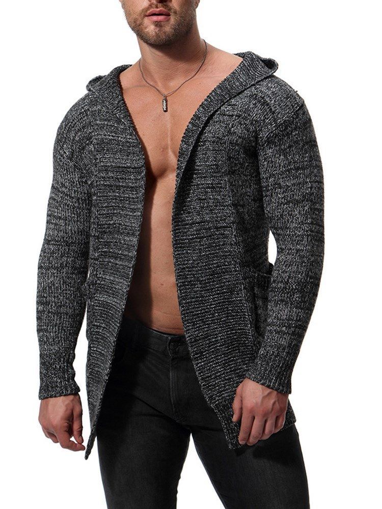 Plain Hooded Mid-length Mens Chunky Knit Cardigan