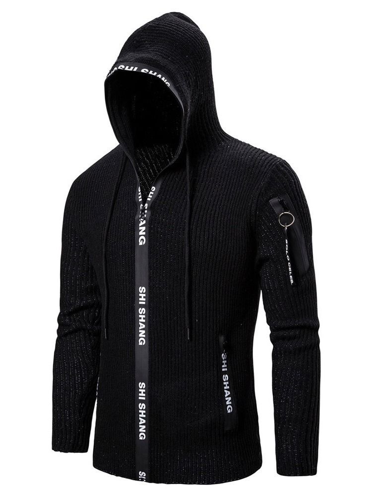 Pocket Standard Hooded Zipper Men's Slim Sweater