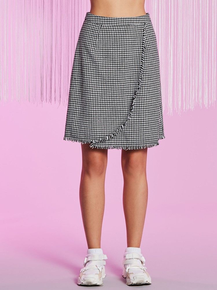 Knee-längd Houndstooth Tofs Patchwork Dam Kjol