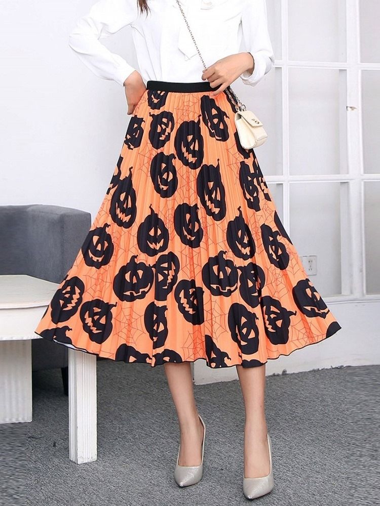 Kvinnors Halloween Pumpkin Print Mid-calf Plant Casual Kjol