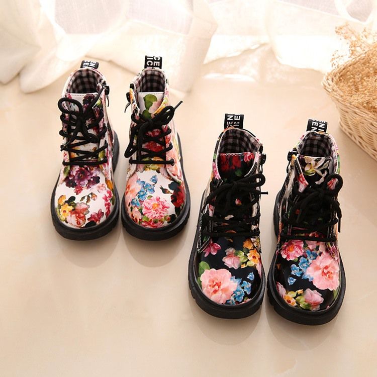 Floral Round Toe Side Zipper Baby Boots