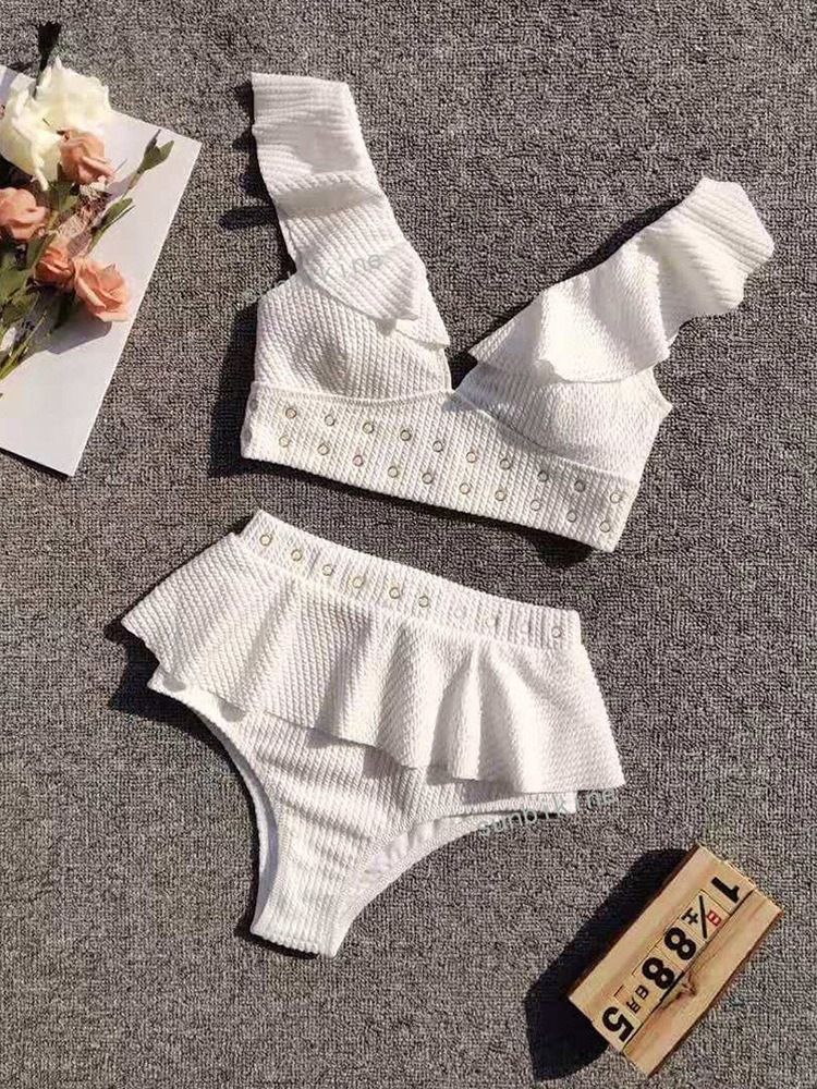 Plain Tankini Set Falbala Badkläder För Kvinnor