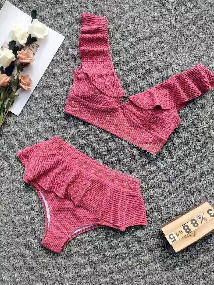 Plain Tankini Set Falbala Badkläder För Kvinnor