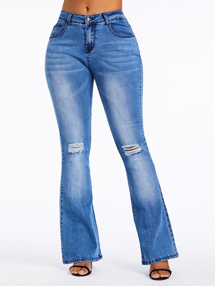 Bellbottoms Hole Plain Jeans Med Hög Midja Och Blixtlås