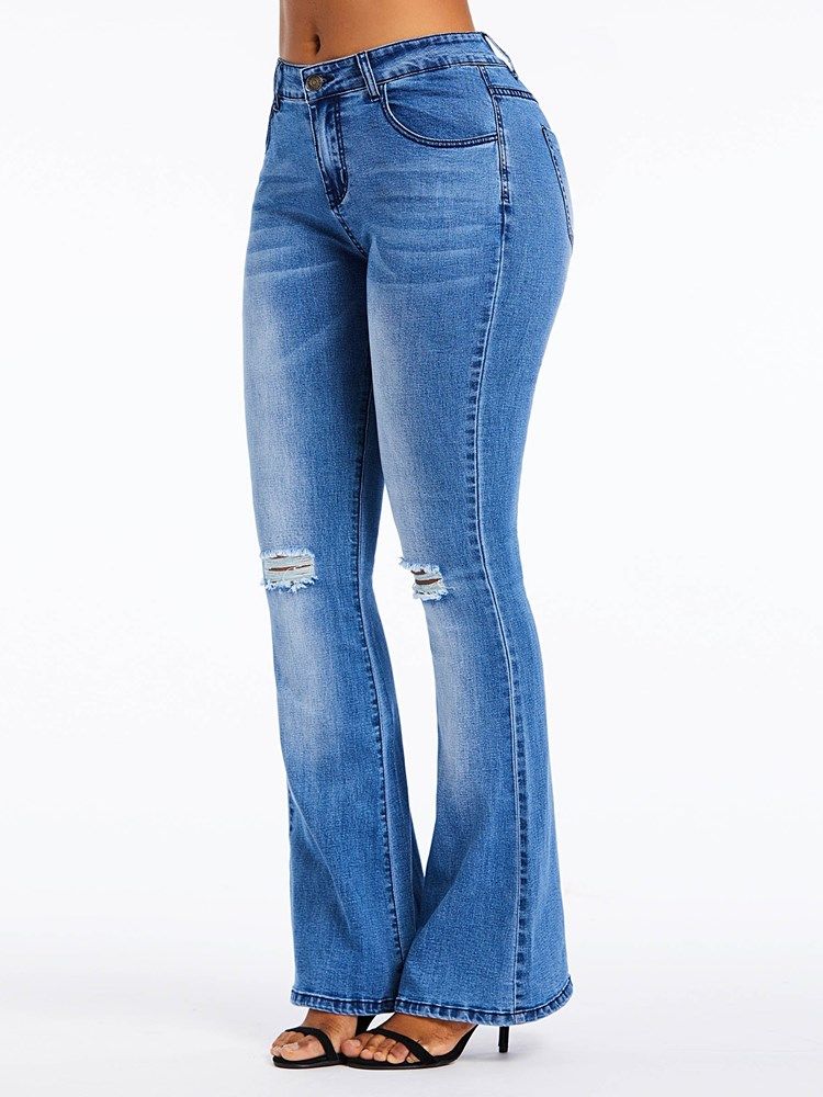 Bellbottoms Hole Plain Jeans Med Hög Midja Och Blixtlås