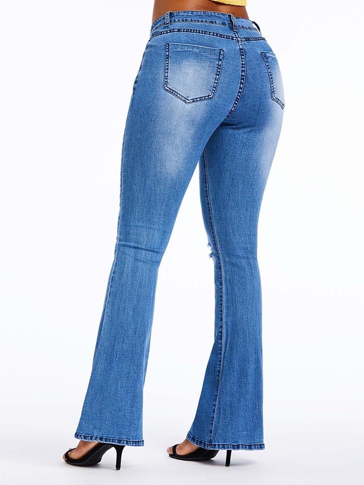 Bellbottoms Hole Plain Jeans Med Hög Midja Och Blixtlås