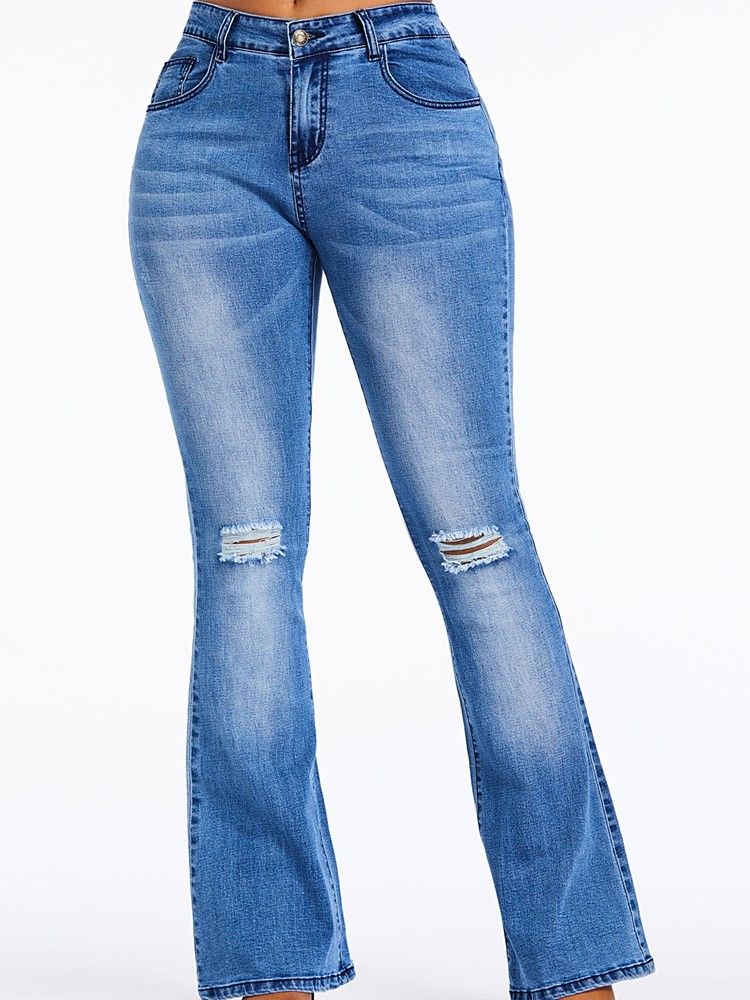 Bellbottoms Hole Plain Jeans Med Hög Midja Och Blixtlås