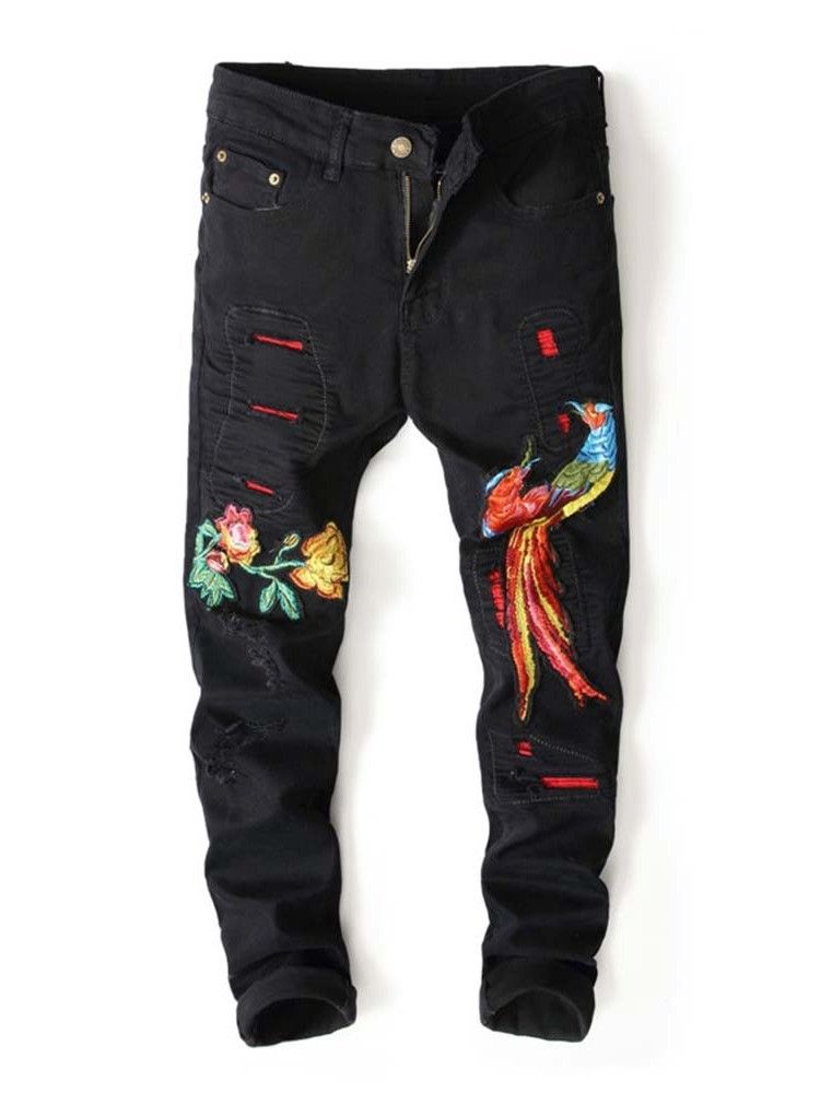 Broderipennbyxor För Män Floral Zipper Mid Midja Jeans