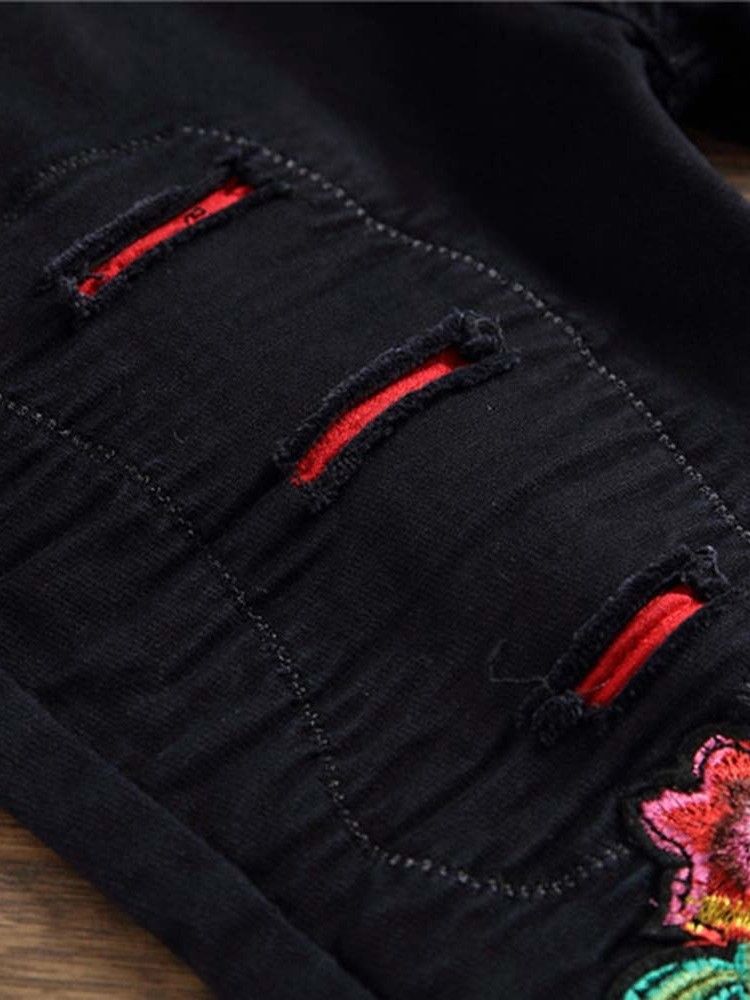 Broderipennbyxor För Män Floral Zipper Mid Midja Jeans