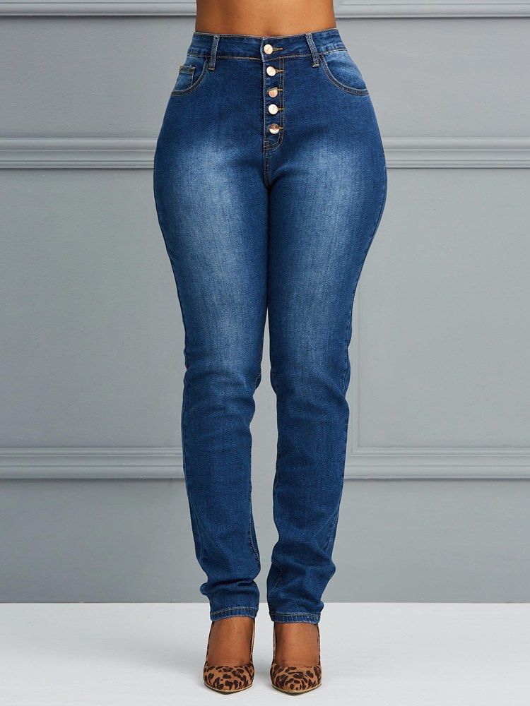 Button Skinny Plain Jeans För Kvinnor