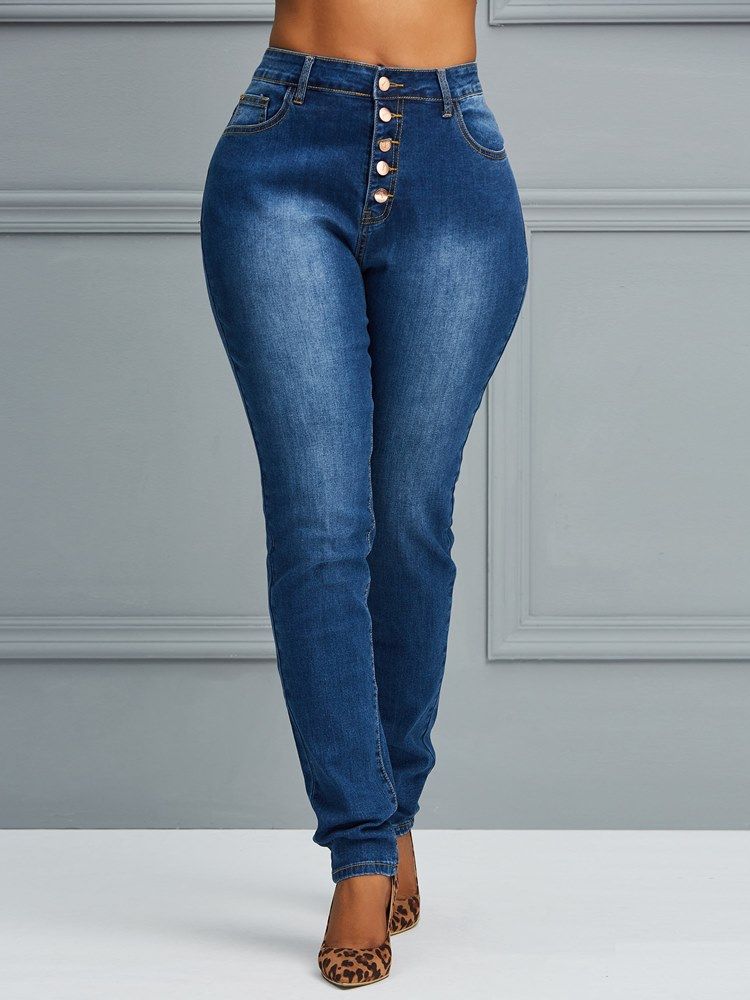 Button Skinny Plain Jeans För Kvinnor