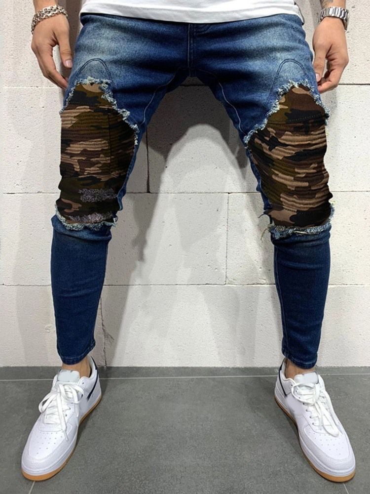 Camouflage Pencil Pants Hole Casual Mid Waist Men's Jeans