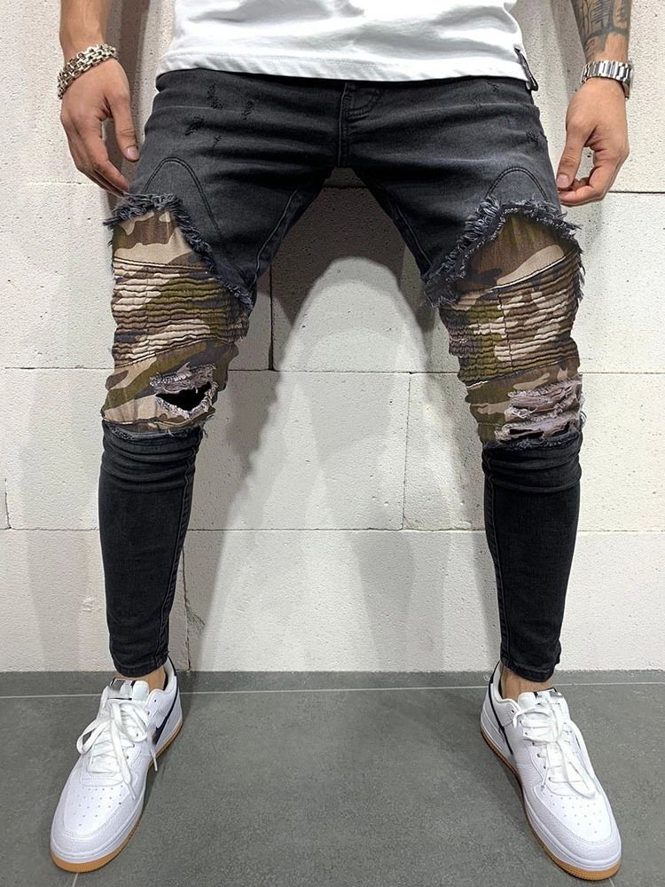 Camouflage Pencil Pants Hole Casual Mid Waist Men's Jeans