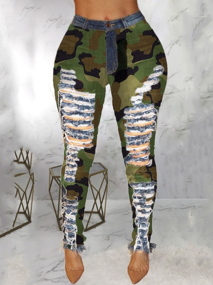 Camouflage Pencil Pants Patchwork Skinny Mid Waist Women's Jeans