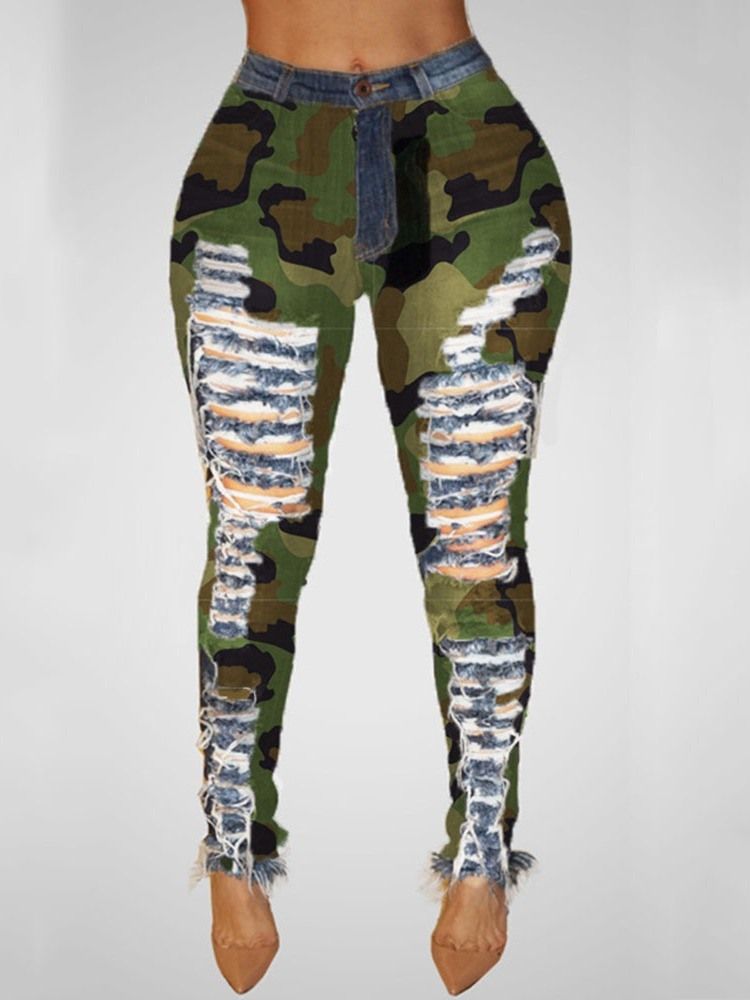 Camouflage Pencil Pants Patchwork Skinny Mid Waist Women's Jeans