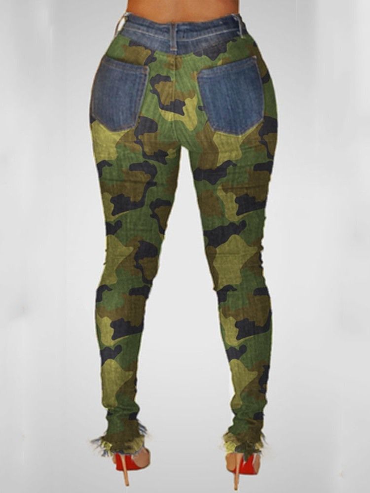 Camouflage Pencil Pants Patchwork Skinny Mid Waist Women's Jeans