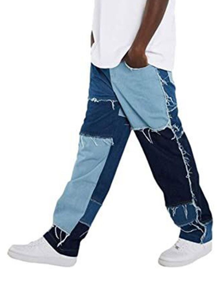 Color Block Patchwork Hip Hop Zipper Herr Jeans