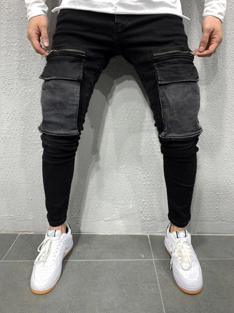 Color Block Patchwork Pencil Byxor Casual Mid Waist Men's Jeans